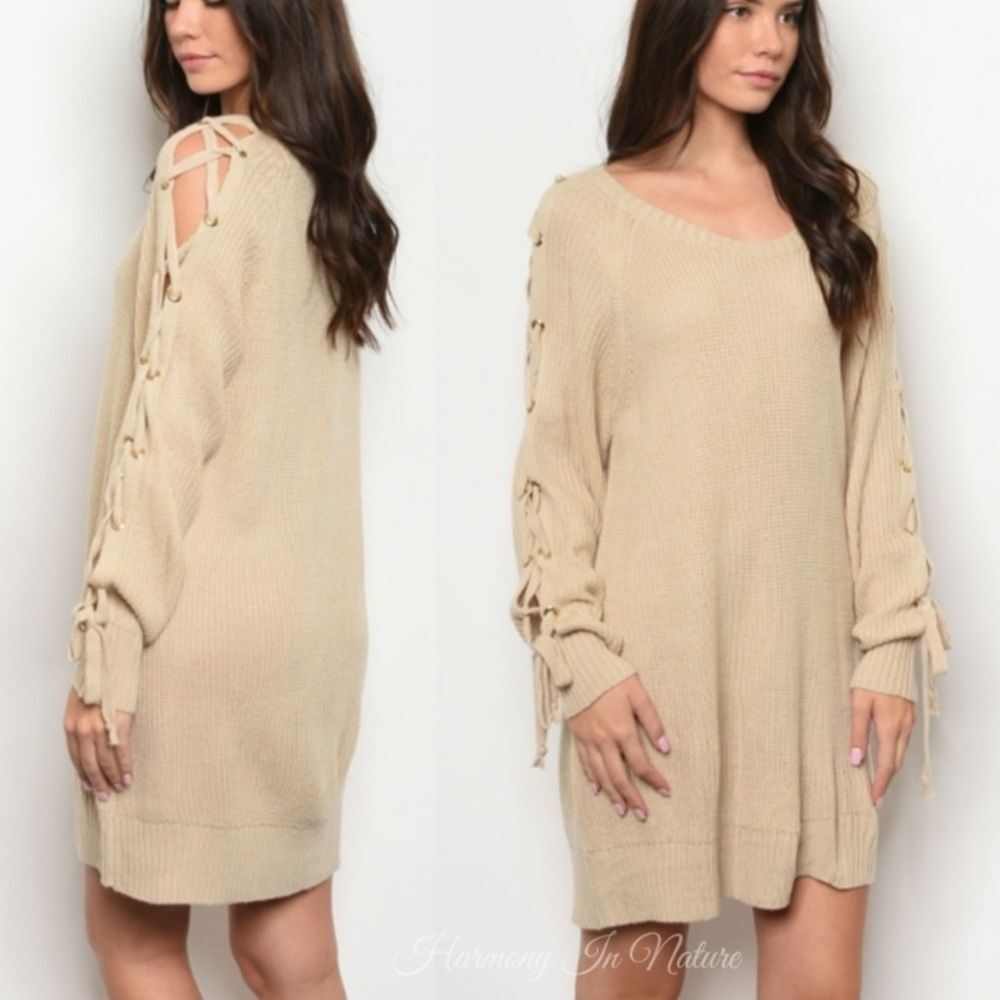 NWT Petal Roz Sweater Dress Size Medium Short Lace Up Long Sleeve Beige Color